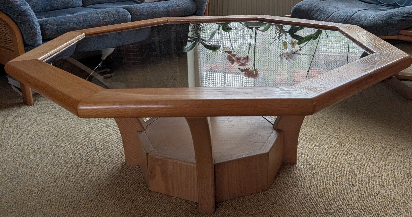 Licht eiken 8-hoekige salontafel met glasplaat, Ophalen, Glas, Gebruikt, Overige vormen