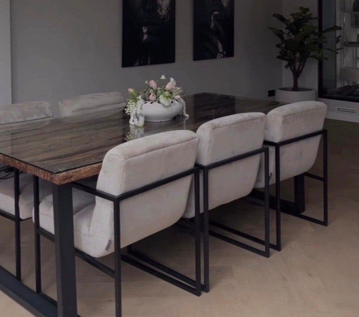 Richmond Eettafel 2.20x1m met Bielzen en Glazen Blad, Gebruikt, 100 tot 150 cm, 200 cm of meer, Ophalen of Verzenden