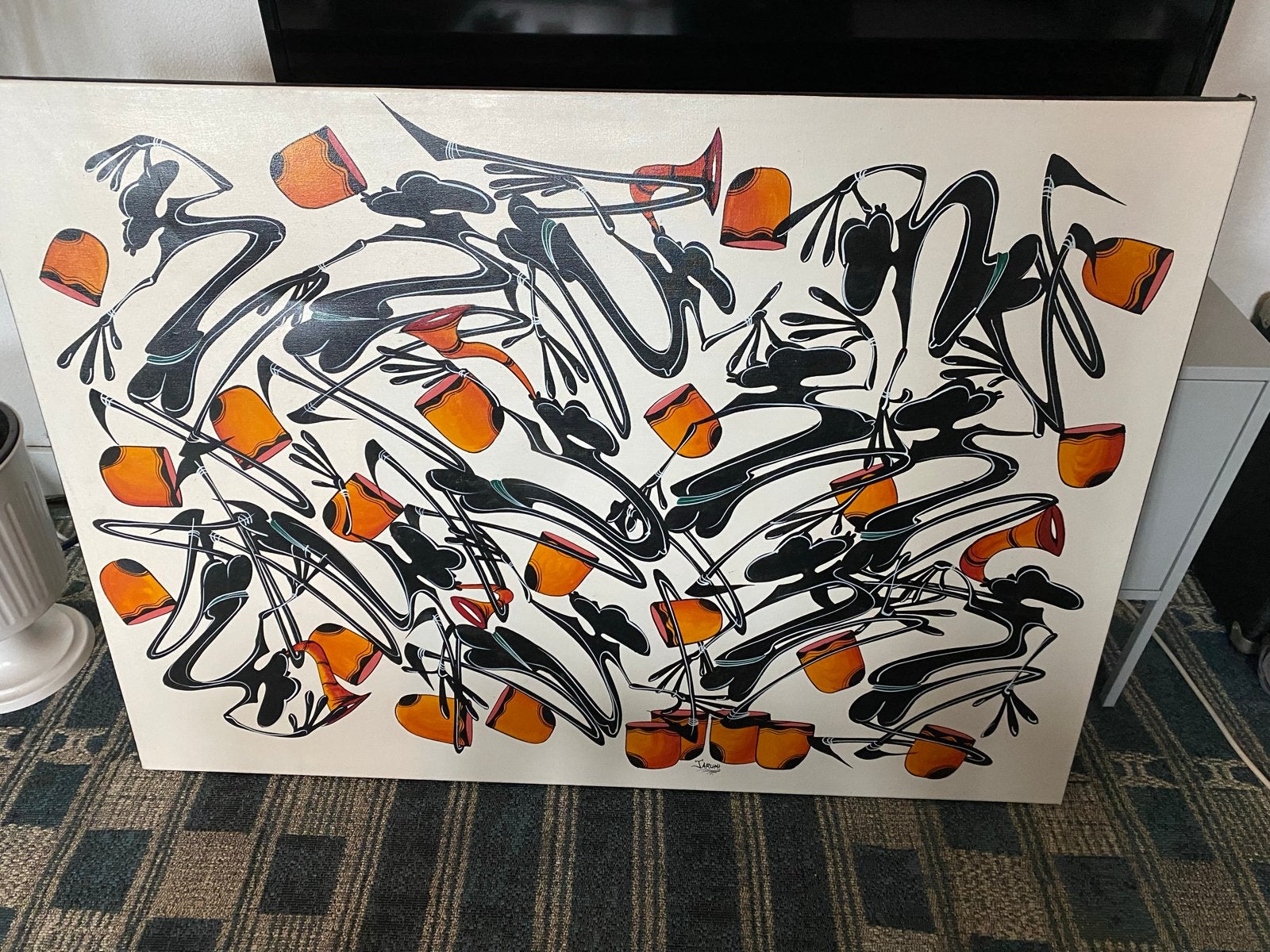 Jaruph Kibira schilderij, zwart-wit, muziekanten, Tanzania, Antiek en Kunst, Ophalen