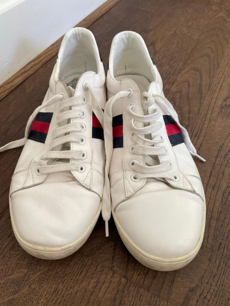 Gucci Ace Sneakers Wit met Rood/Blauwe Streep, Ophalen of Verzenden, Gedragen, Wit, Sneakers of Gympen