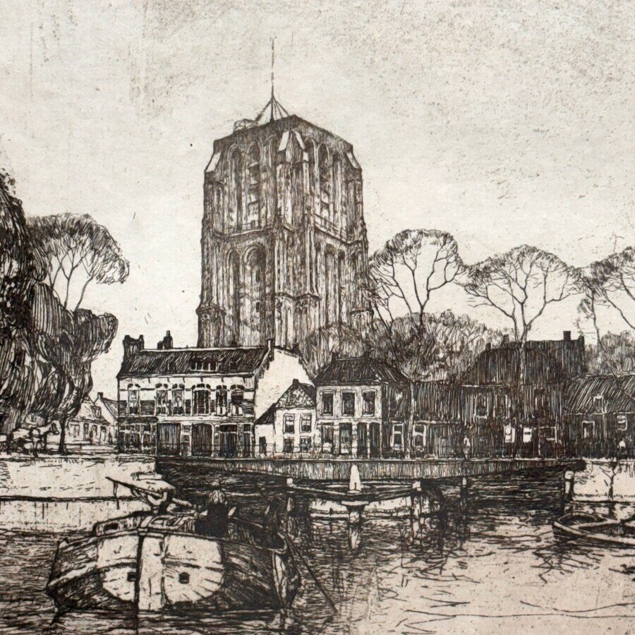 Andries van der Sloot (1883-1955) - Oldehove, 53 cm, Ets, Stadsgezicht, 36 cm