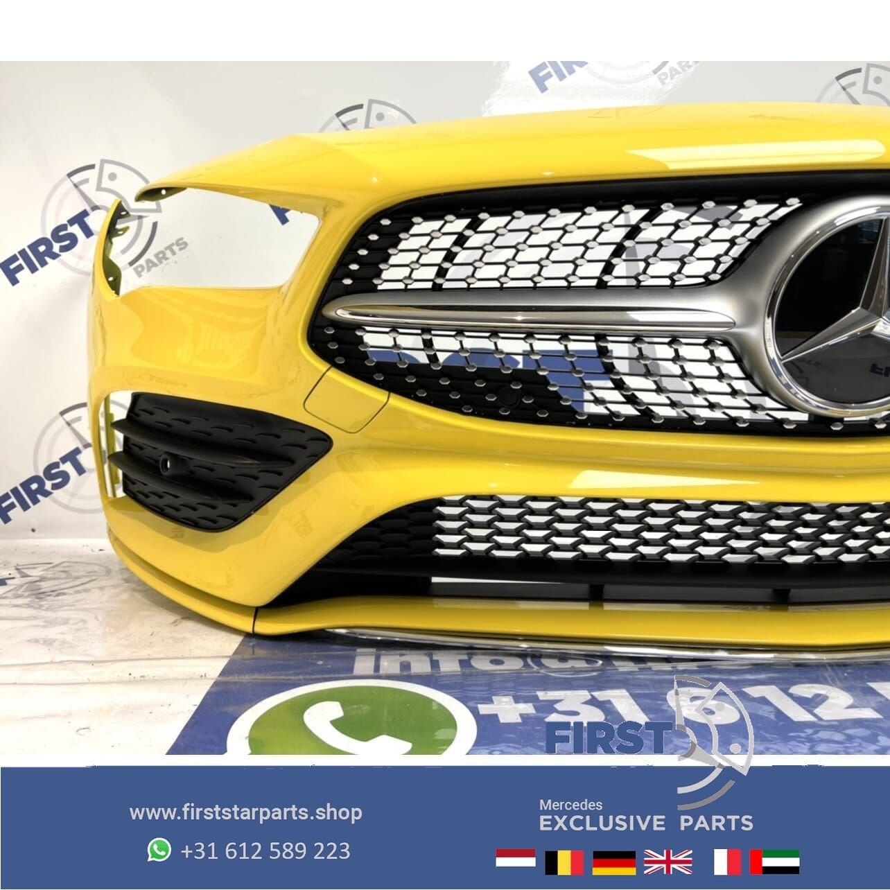W118 CLA AMG LINE VOORBUMPER GEEL origineel Mercedes 2018-20, Gebruikt, -, Voor, Ophalen of Verzenden