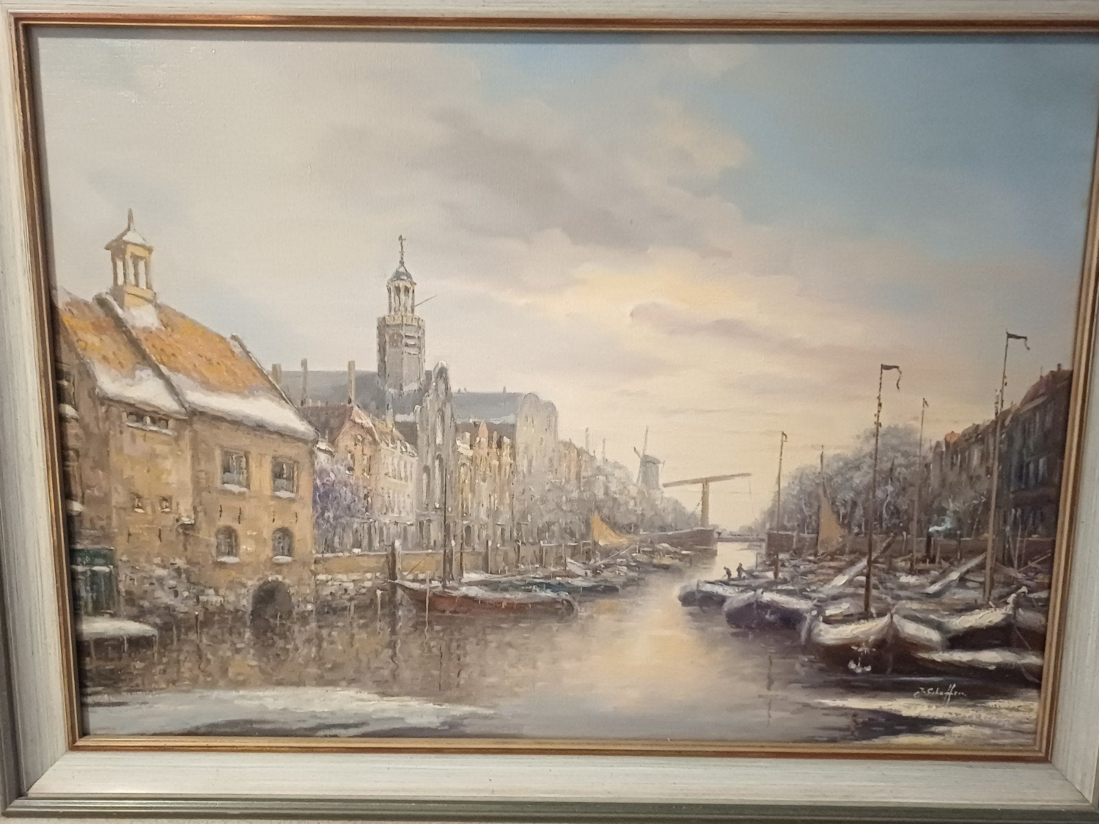 schilderij met veel boten in de winter gesigneerd scheffer, Ophalen of Verzenden
