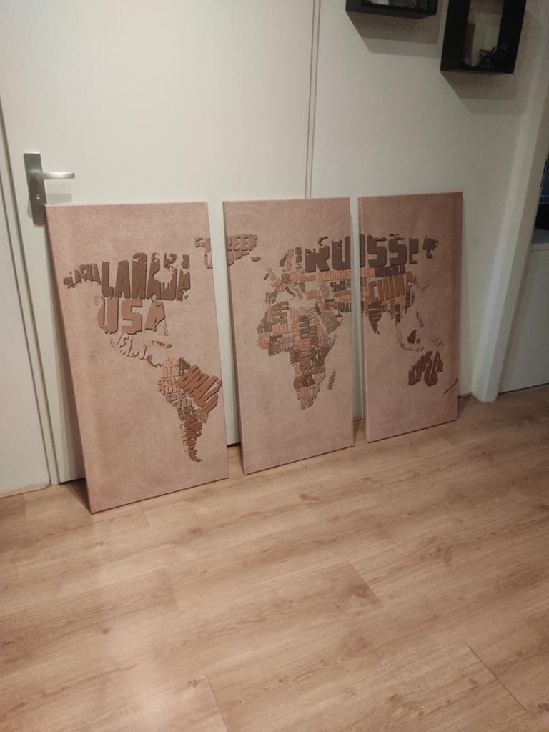 Set van 3 wereldkaart canvas drieluik, Ophalen, Zo goed als nieuw, 50 tot 75 cm, Schilderij