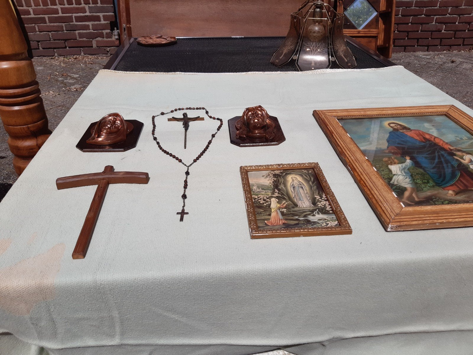 Religie rozenkrans schilderijen kruisje koper hoofden kerk, Antiek en Kunst, Ophalen of Verzenden