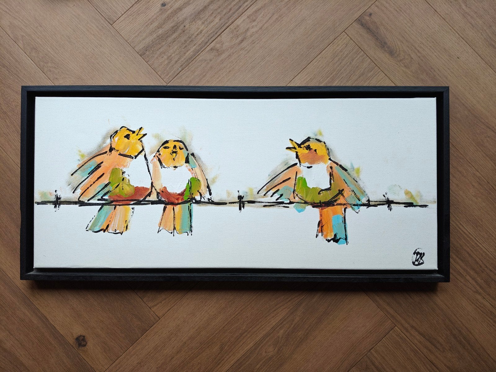 Schilderij met vogels op draad, inclusief baklijst, Ophalen, Abstract, Dieren