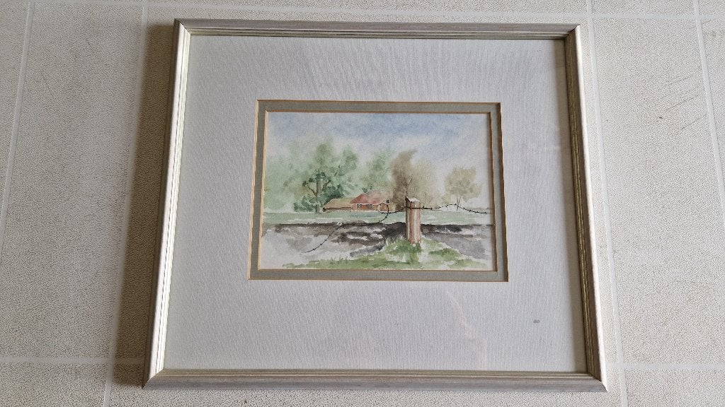 oud schilderij aquarel in lijst, Ophalen of Verzenden