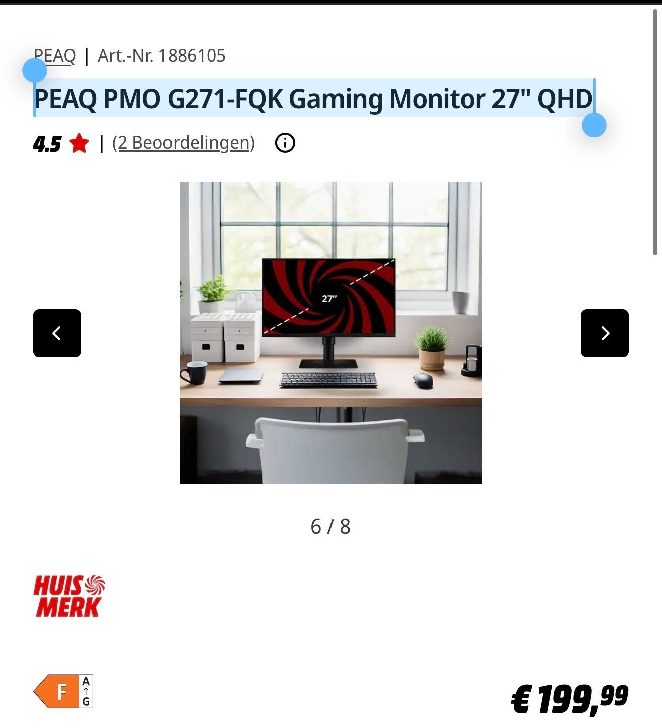 PEAQ PMO G271-FQK Gaming Monitor 27" QHD, Computers en Software, IPS, Zo goed als nieuw, Ophalen, Gaming