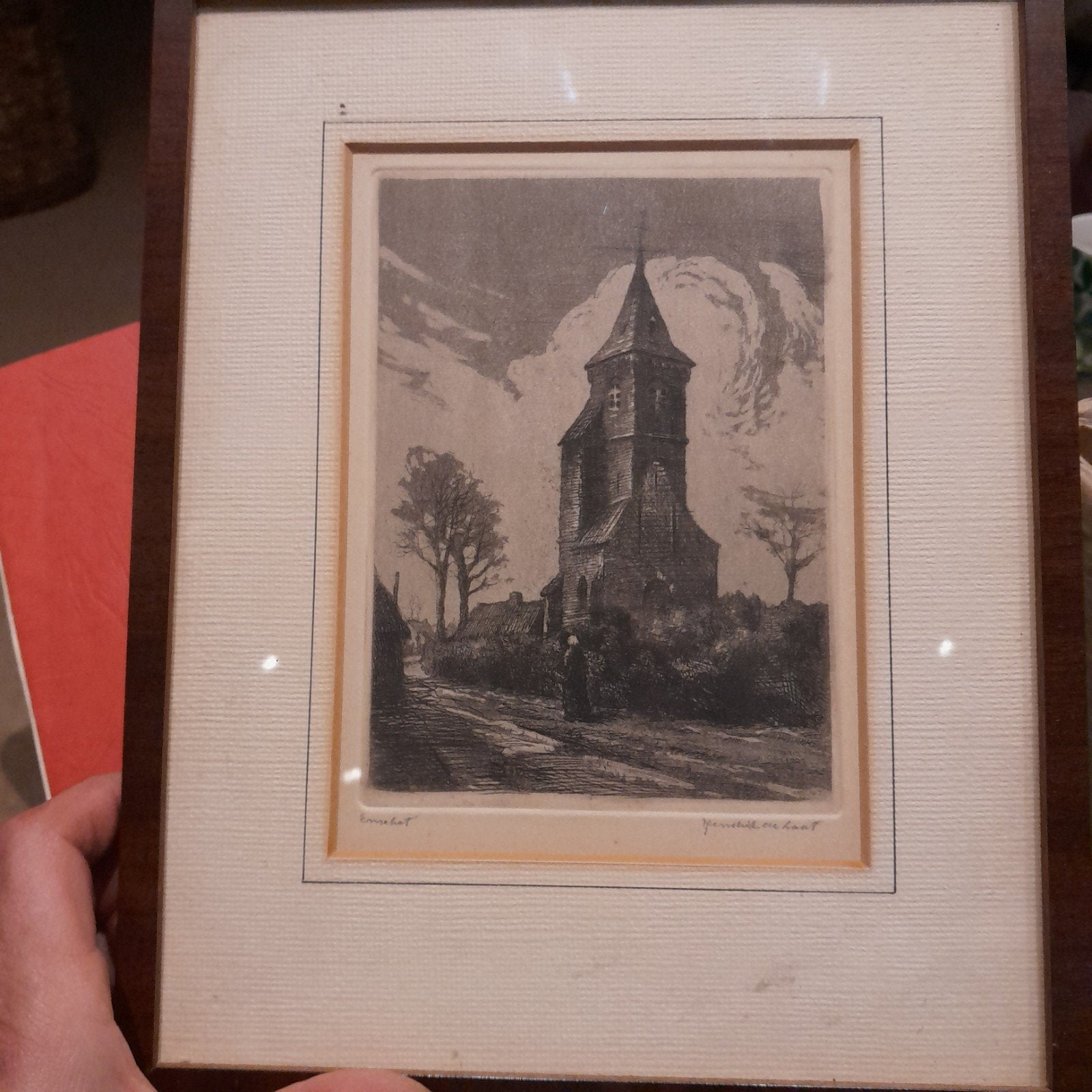 Ets van Hendrik de Laat: Kerk in Enschot, Ets, Stadsgezicht, 1900 - 1949, Gesigneerd