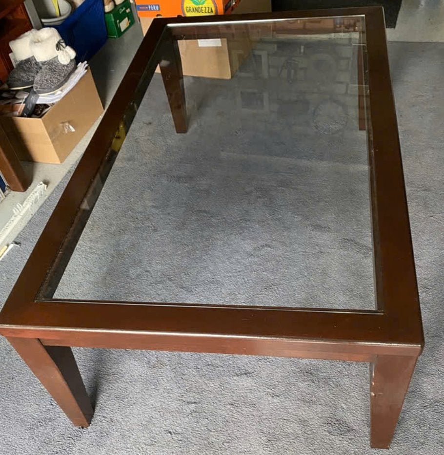 Salontafel met glazen blad en houten frame, Ophalen, Gebruikt, 100 tot 150 cm, Overige houtsoorten
