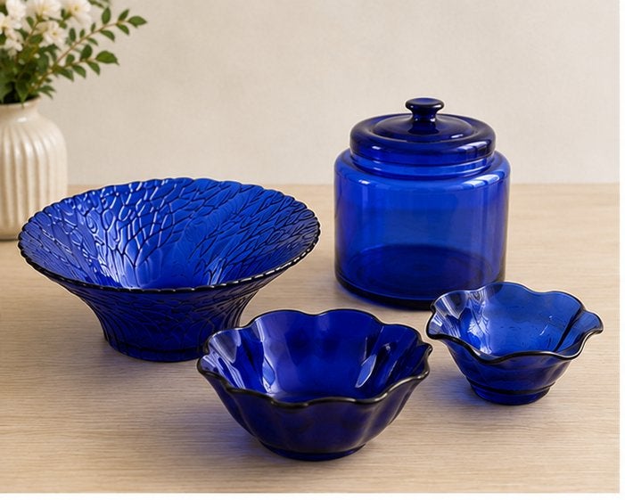 Kobaltblauw glazen schalenset + voorraadpot – 4-delig, Ophalen, Schaal, Rond, Glas