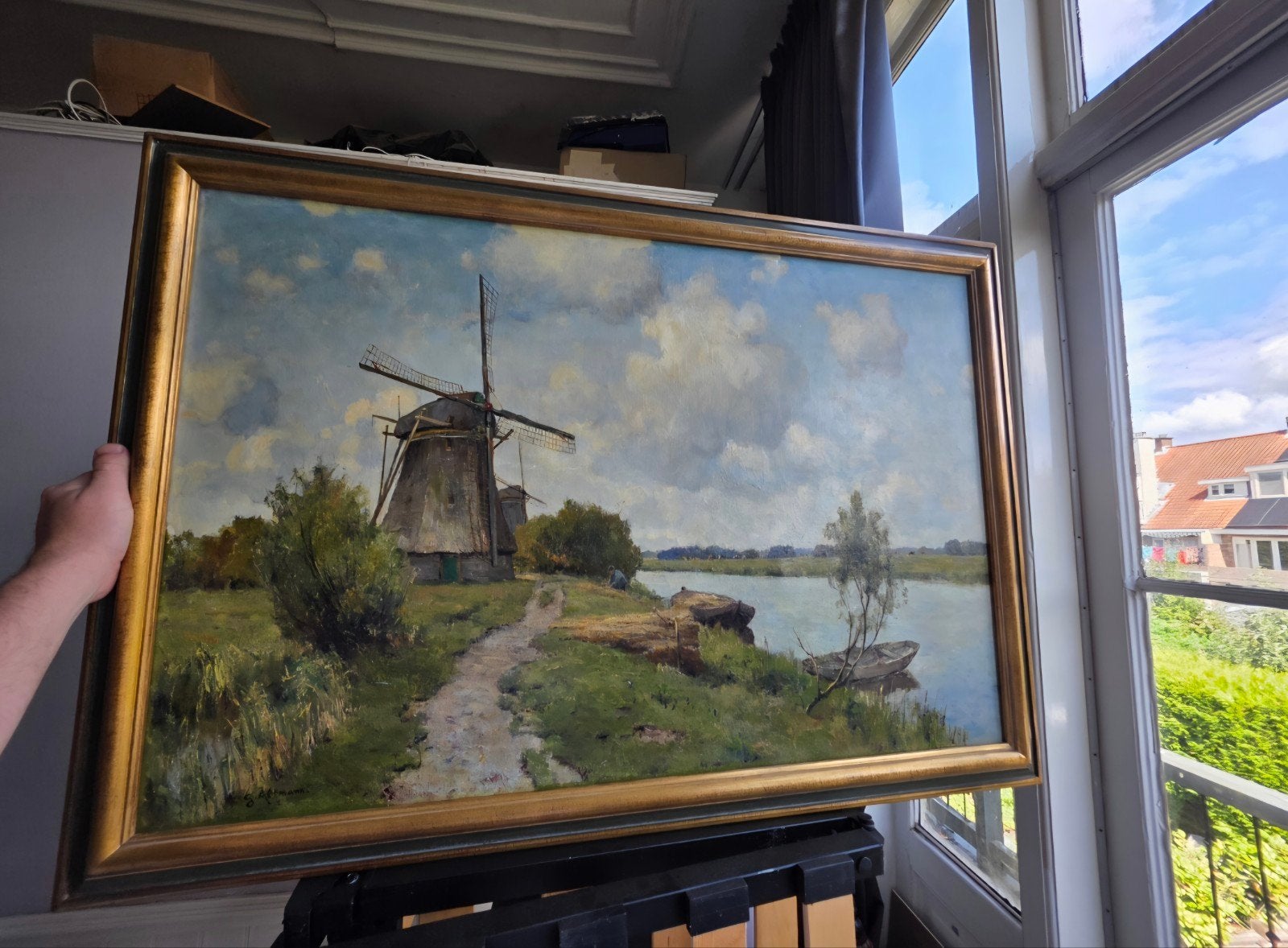 G. Altmann Olieverfschilderij: Hollandse Molen aan het Water, Antiek en Kunst, Ophalen of Verzenden