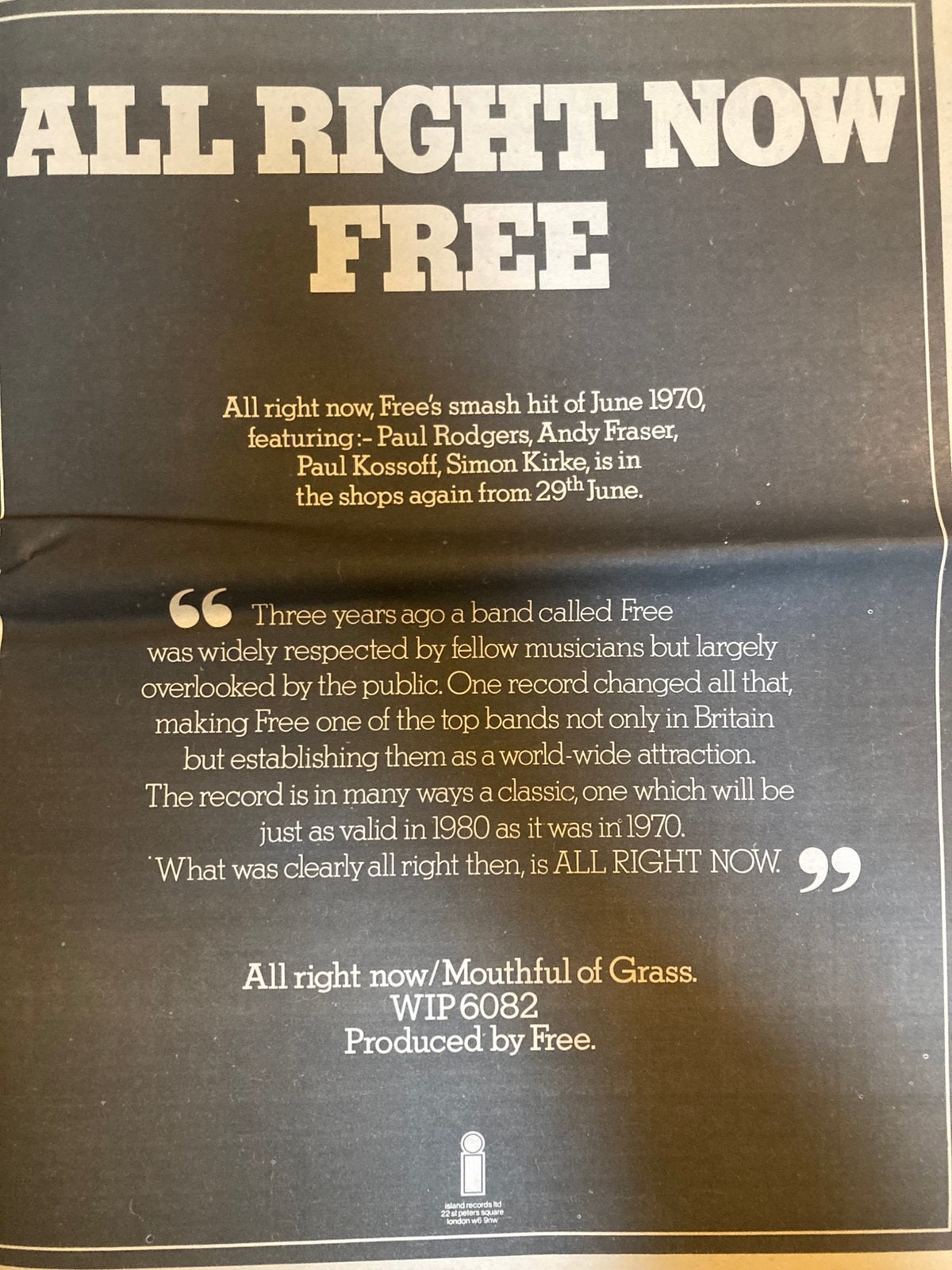 FREE All Right Now A3 advertentie, Ophalen of Verzenden