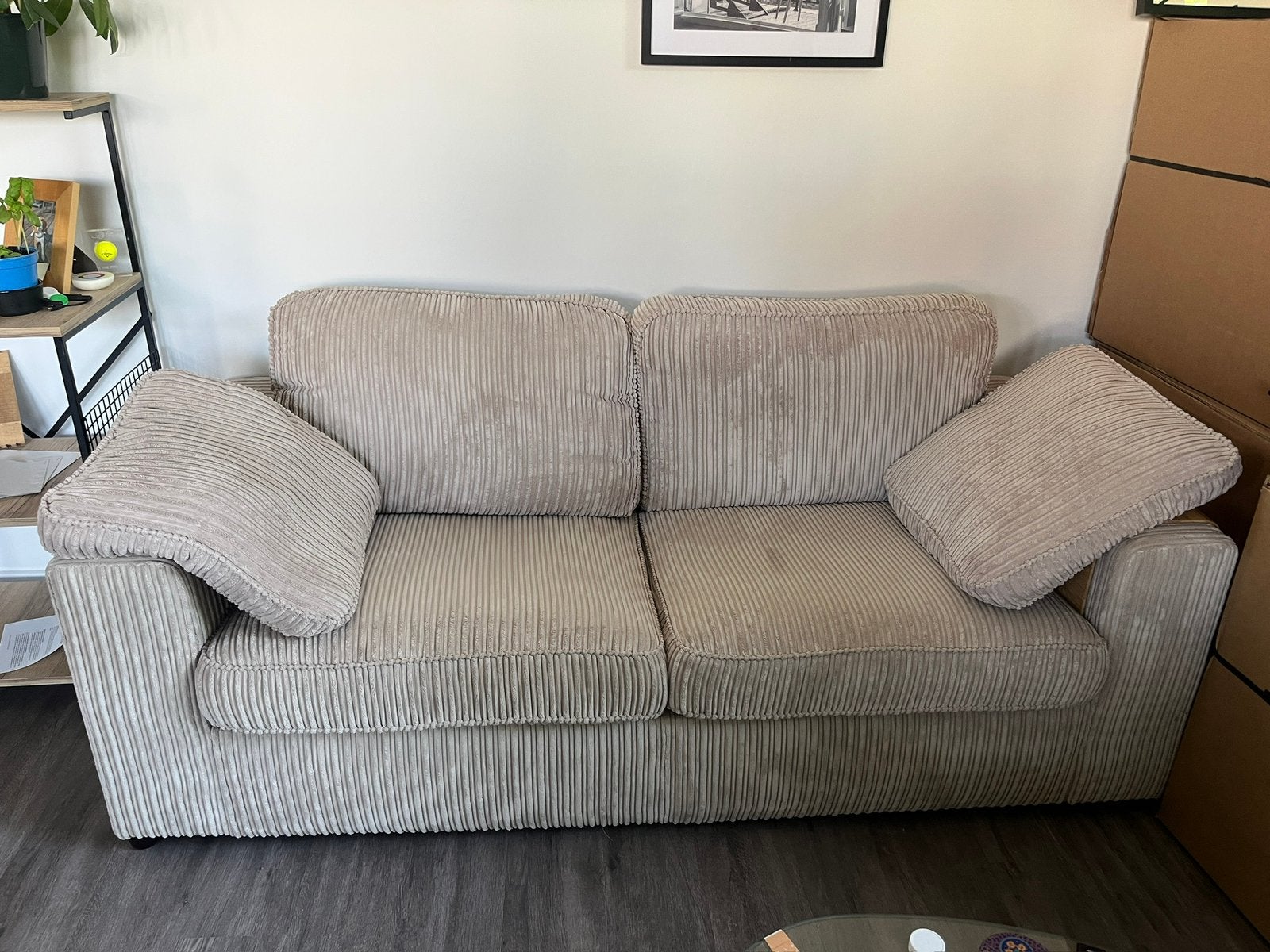 Beige ribstof bank 2,5 zits, Ophalen, 150 tot 200 cm, 75 tot 100 cm, Zo goed als nieuw
