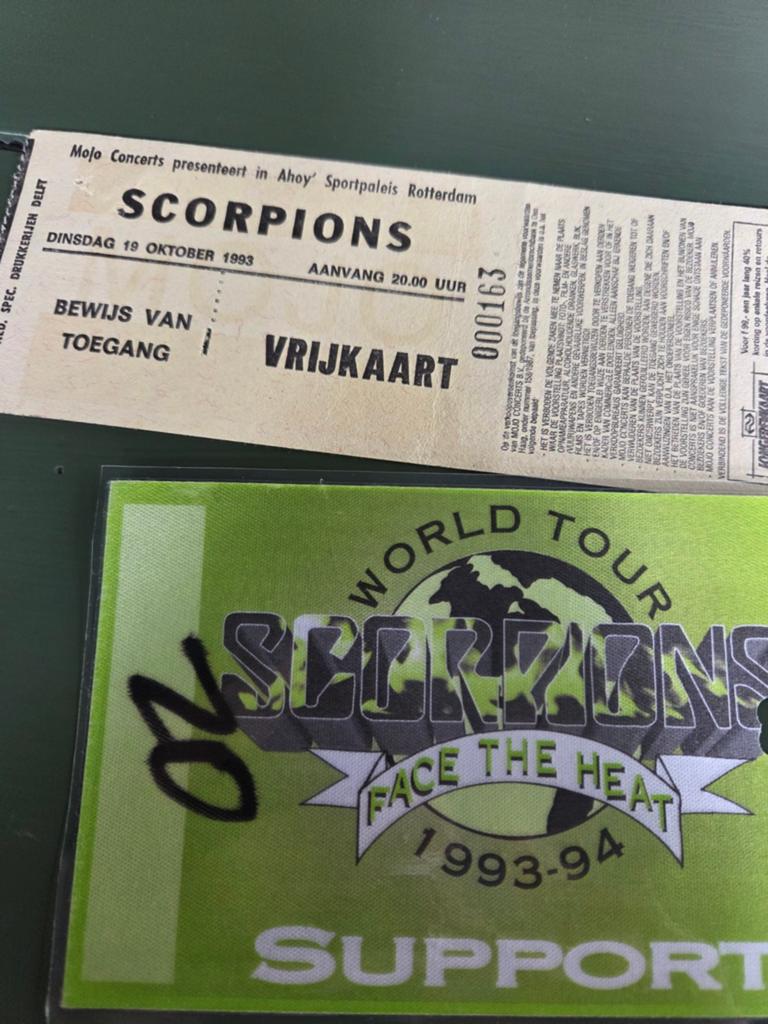 Scorpions ( vrijkaart + pass ) Ahoy 19 oktober 1993, Ophalen of Verzenden, Zo goed als nieuw, Overige typen