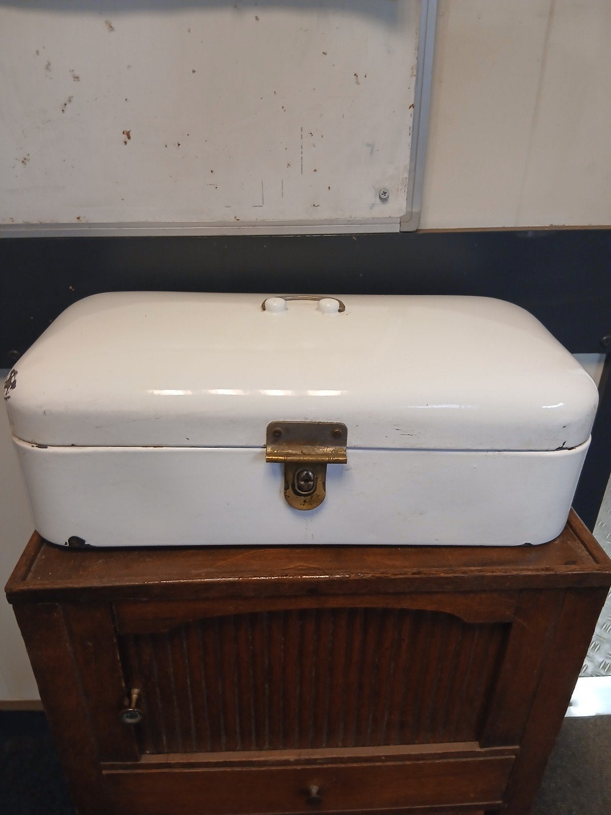 Vintage Broodtrommel - Wit Emaille met Blauwe Rand, Ophalen of Verzenden