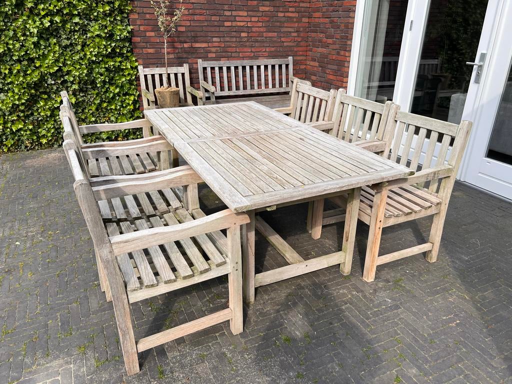 Complete Teakhouten Tuinset: Tafel en 6 Stoelen, Ophalen, Gebruikt, Eettafel, Meer dan 8 zitplaatsen