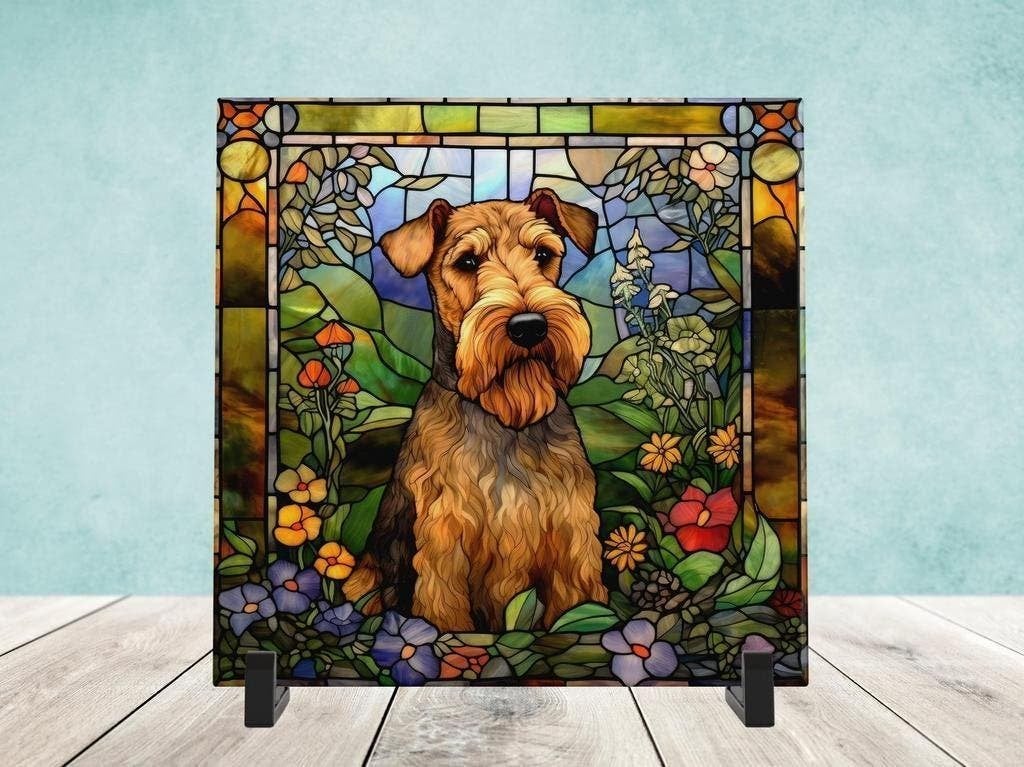 Airedale Terriër Glas in Lood tegel incl houder, Ophalen of Verzenden, Nieuw