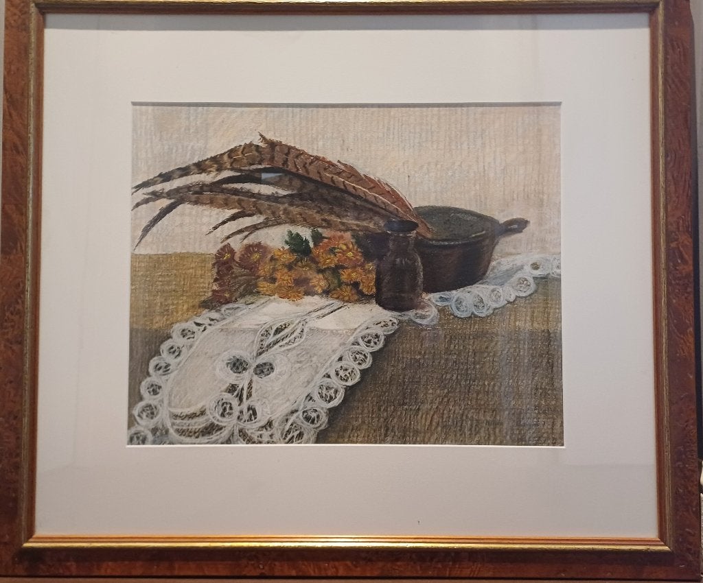Schilderij in pastelkrijt, notenhouten lijst, nieuw., Antiek en Kunst, Ophalen, Gesigneerd