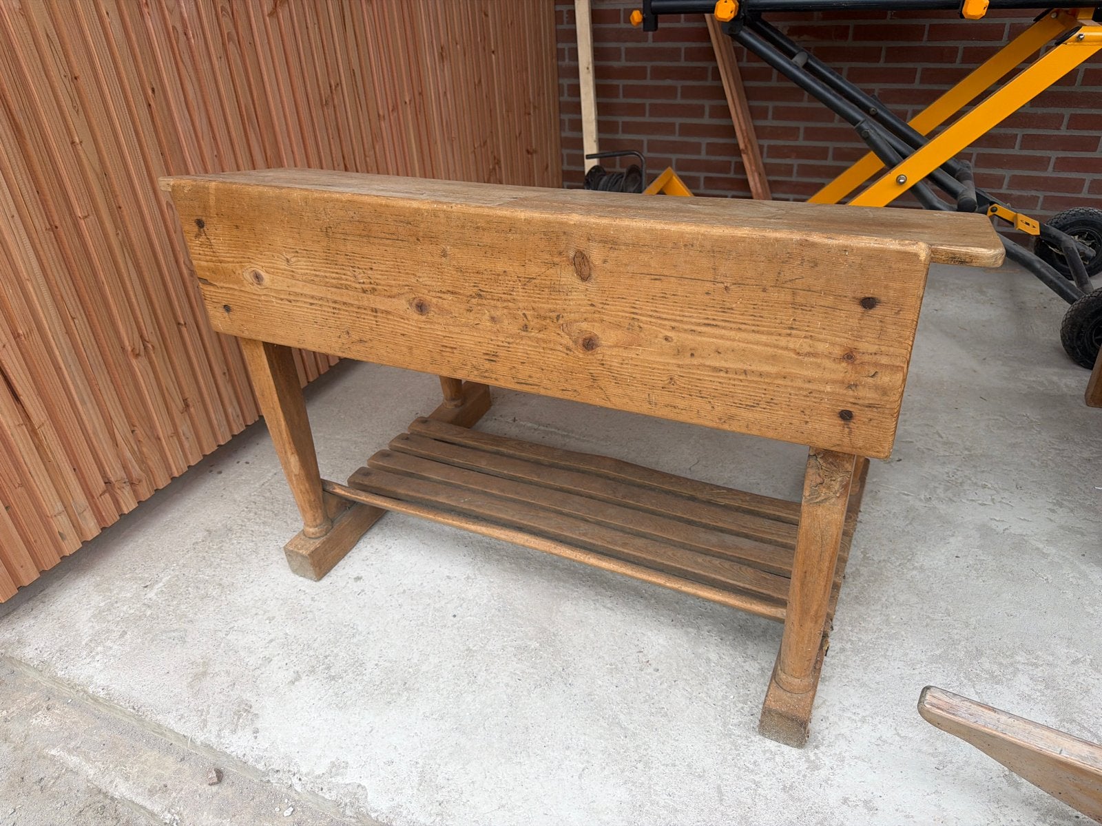 Vintage houten schoolbank met bankje, Ophalen