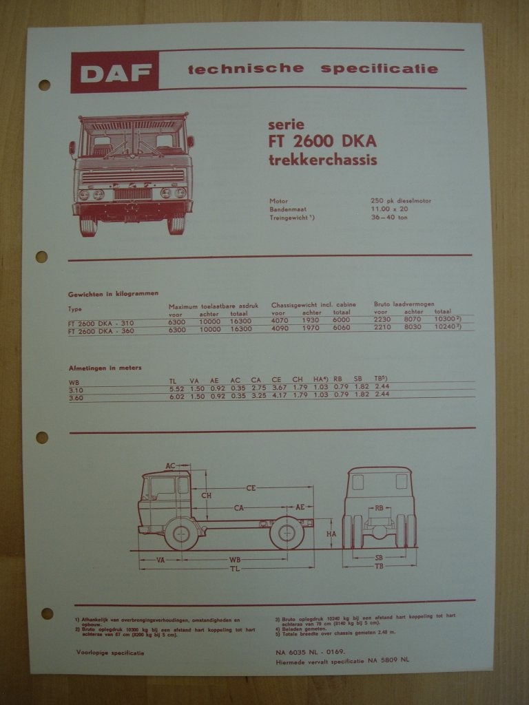 DAF FT 2600 DKA Technische Specificatie folder 1969 - 4x2, Ophalen of Verzenden, Zo goed als nieuw, Overige merken, DAF