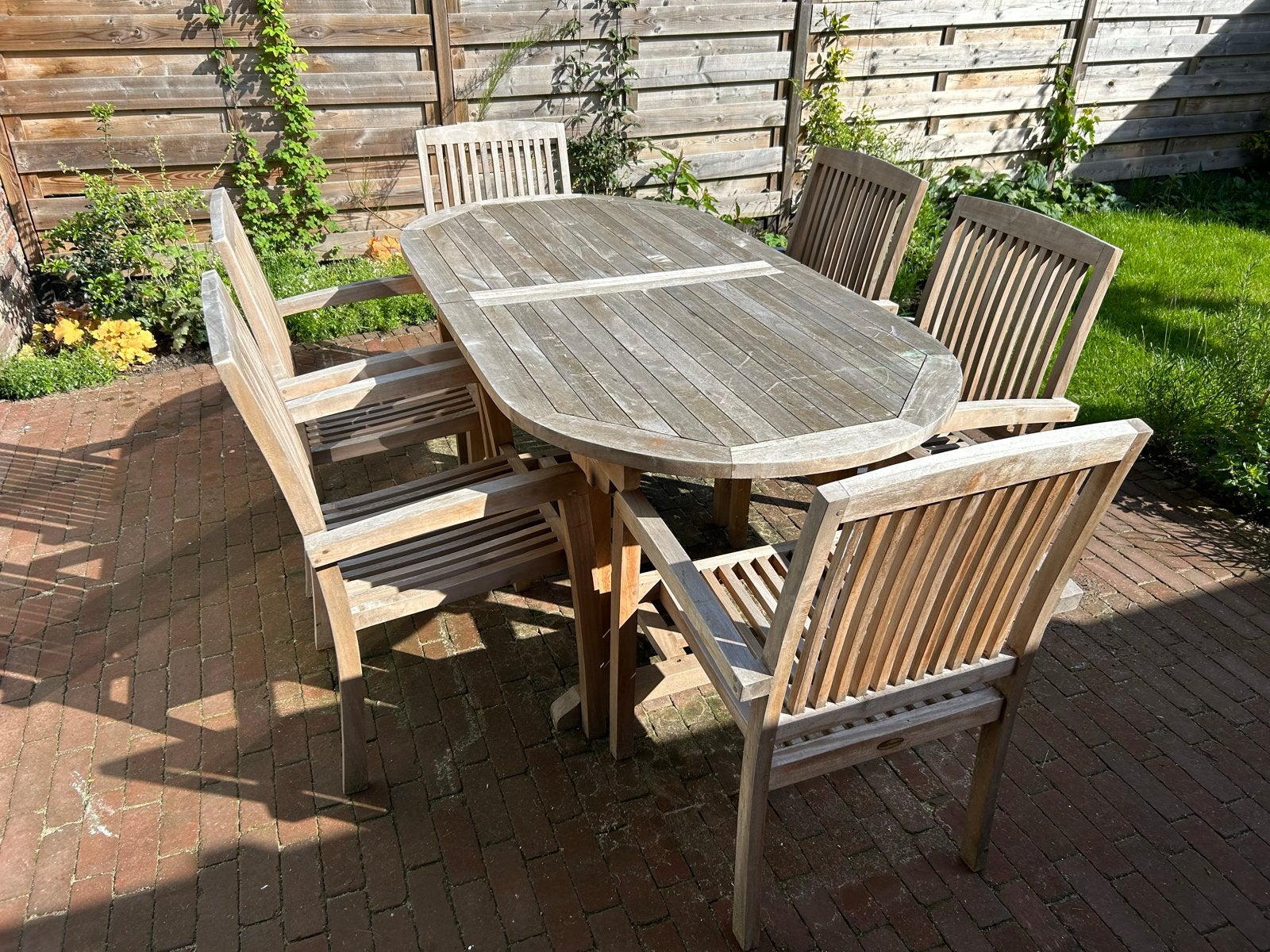 Teakhouten tuinset met uitschuifbare tafel en 6 stoelen, Ophalen, Gebruikt, Eettafel, 6 zitplaatsen
