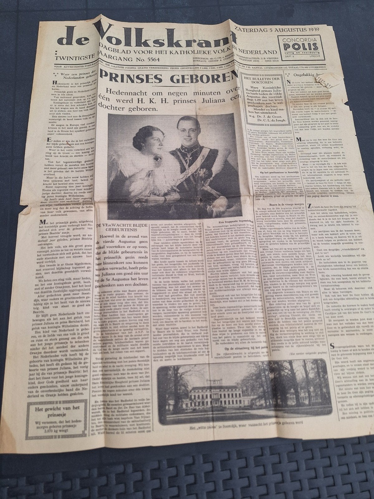 Volksjarant 1939 Kabinetscrisis en geboorte Beatrix., Ophalen of Verzenden, 1920 tot 1940, Tijdschrift