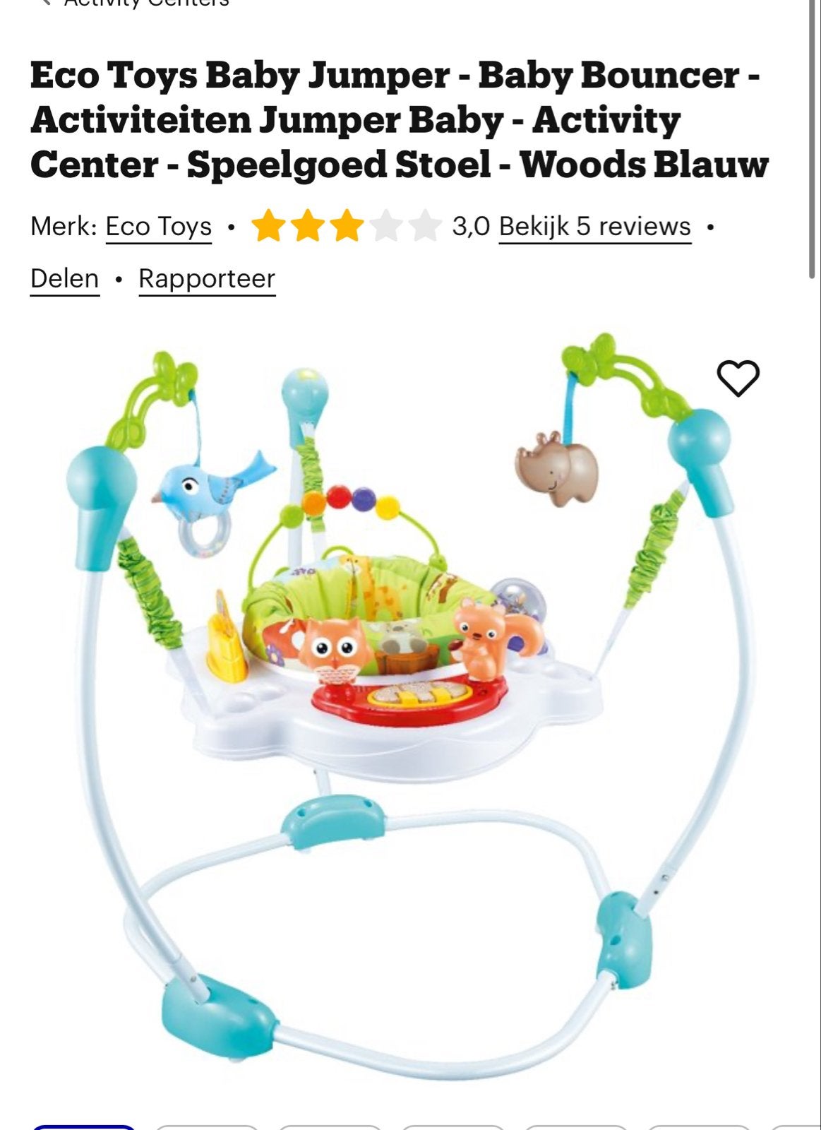 Eco Toys Baby Jumper - Activity Center - Woods Blauw, Kinderen en Baby's, Ophalen of Verzenden, Gebruikt, Overige typen