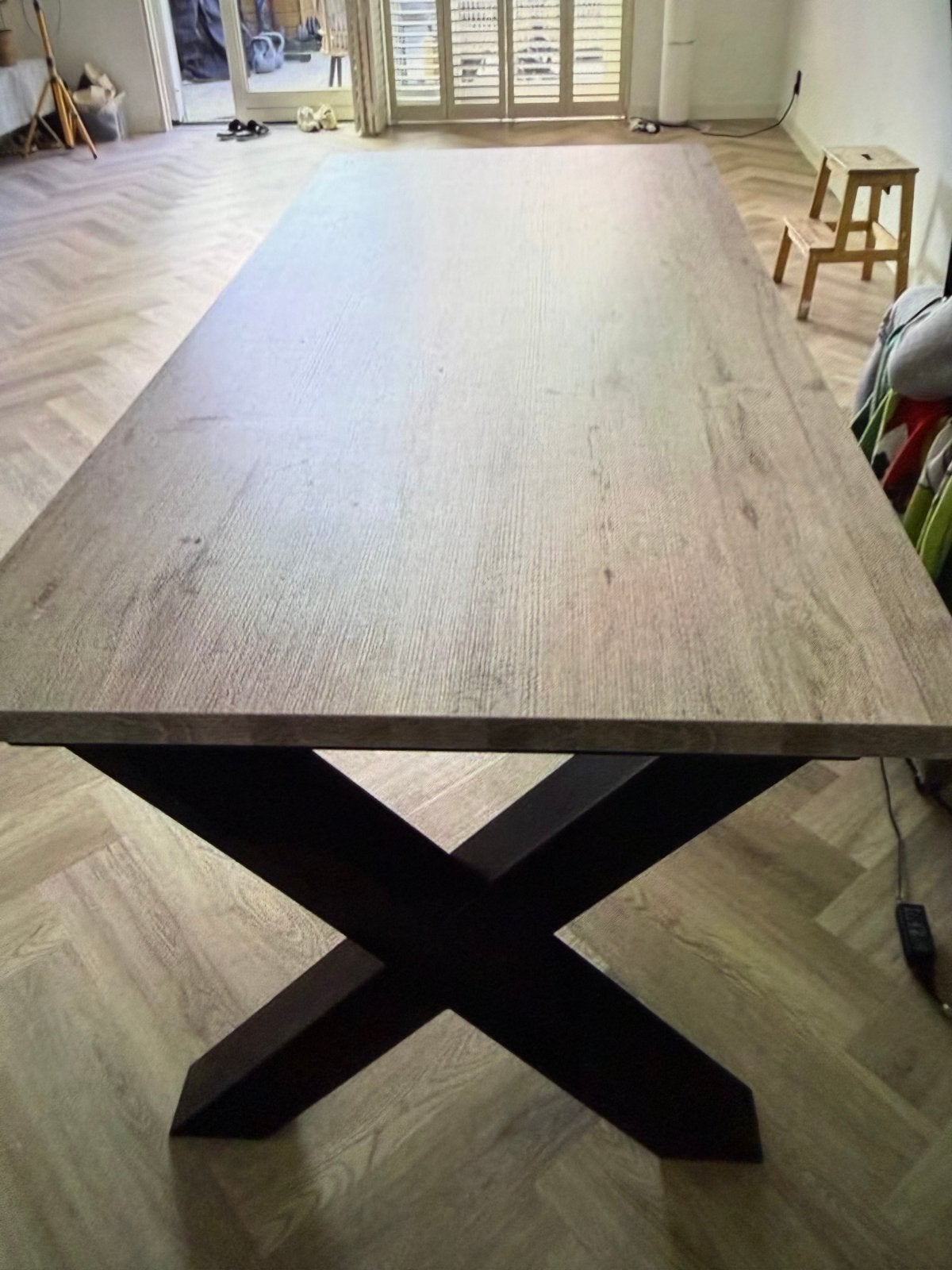 Grote stijlvolle grijze tafel - Eetkamer of vergadertafel, Ophalen, Overige materialen, Gebruikt, 200 cm of meer