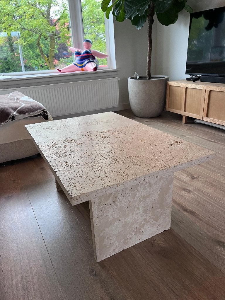 Travertin salontafel – natuursteen – beige, Ophalen, Overige materialen, Modern, japandi, scandinavisch, minimalistisch, 50 tot 100 cm