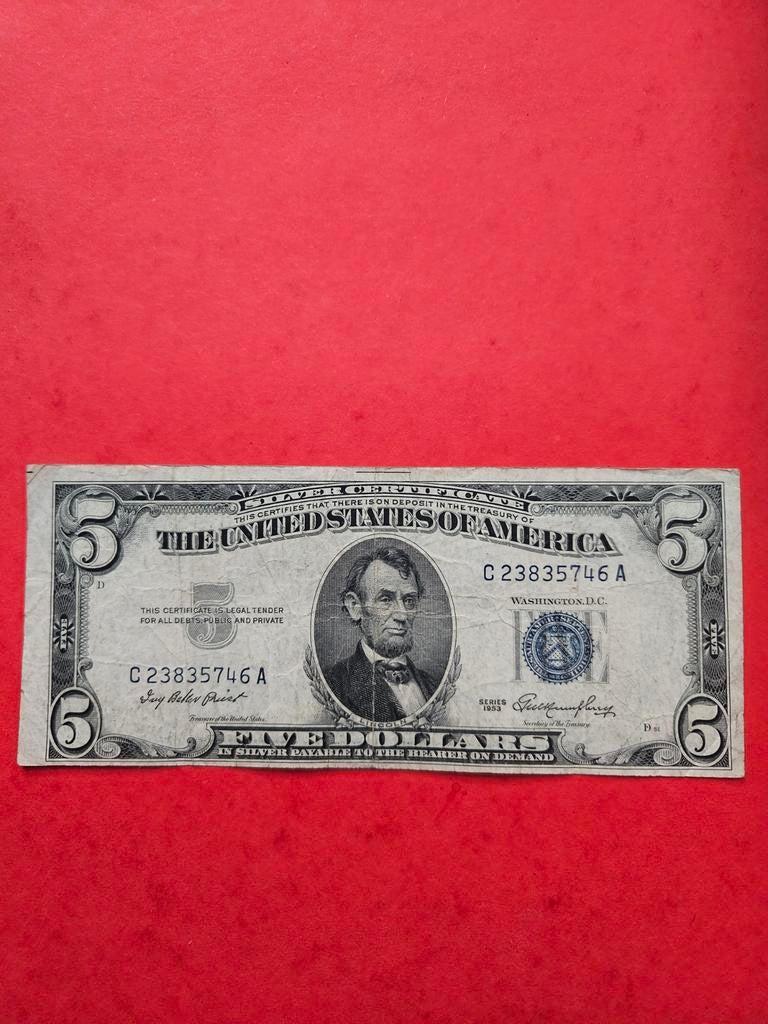 5 dollars USA 1953 jaar blouwe seal, Ophalen of Verzenden, Noord-Amerika, Los biljet
