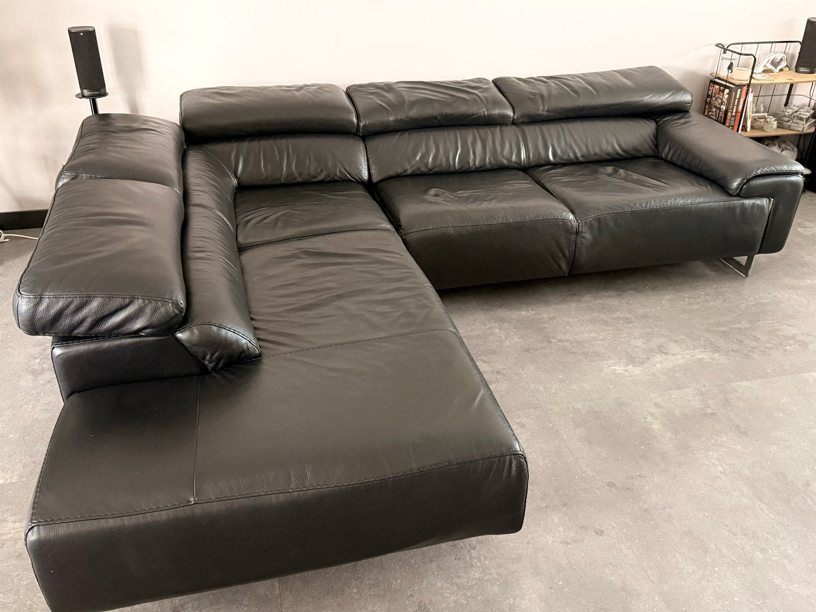 Mooie zwarte lederen hoekbank, Ophalen, 250 tot 300 cm, Gebruikt, 100 tot 125 cm