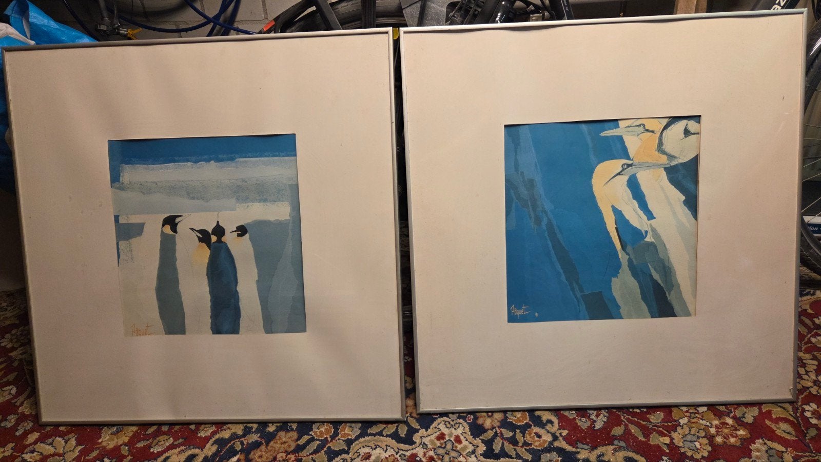 Twee ingelijste aquarellen van Paquet - Pinguïns en Vogels, Antiek en Kunst, Ophalen, Aquarel, Dieren, Papier/karton