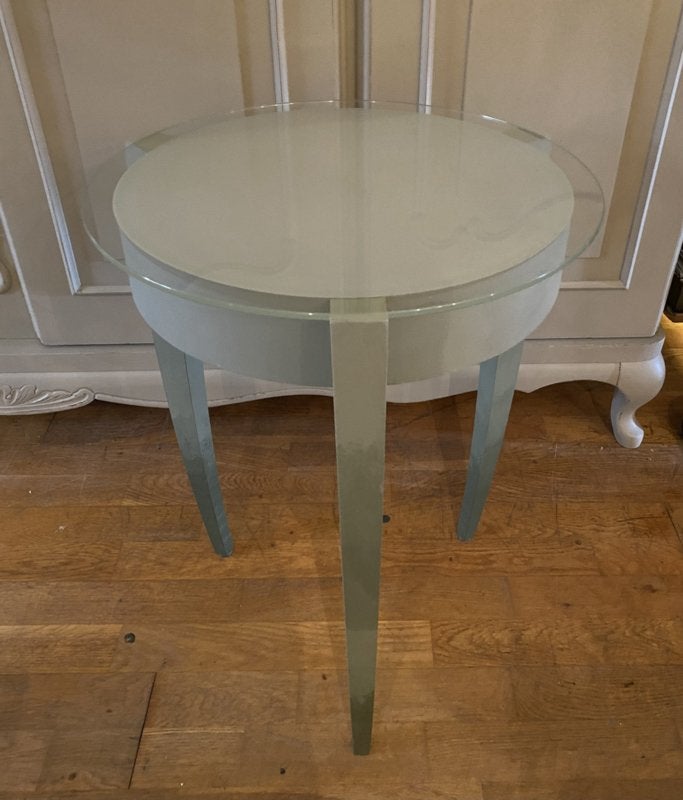 Bijzettafel met kaarsenplateau tafeltje hout glas steen VdlM, Minder dan 55 cm, Rond, Zo goed als nieuw, Stoer uniek klein tafeltje tafel grijs groen oud bijzettafeltje
