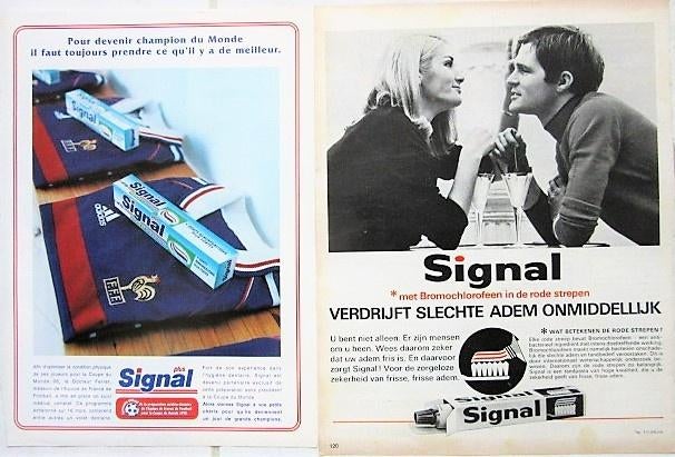 5 vintage advertenties reclames Signal tandpasta 1969-98, Verzamelen, Merken en Reclamevoorwerpen, Ophalen of Verzenden, Gebruikt
