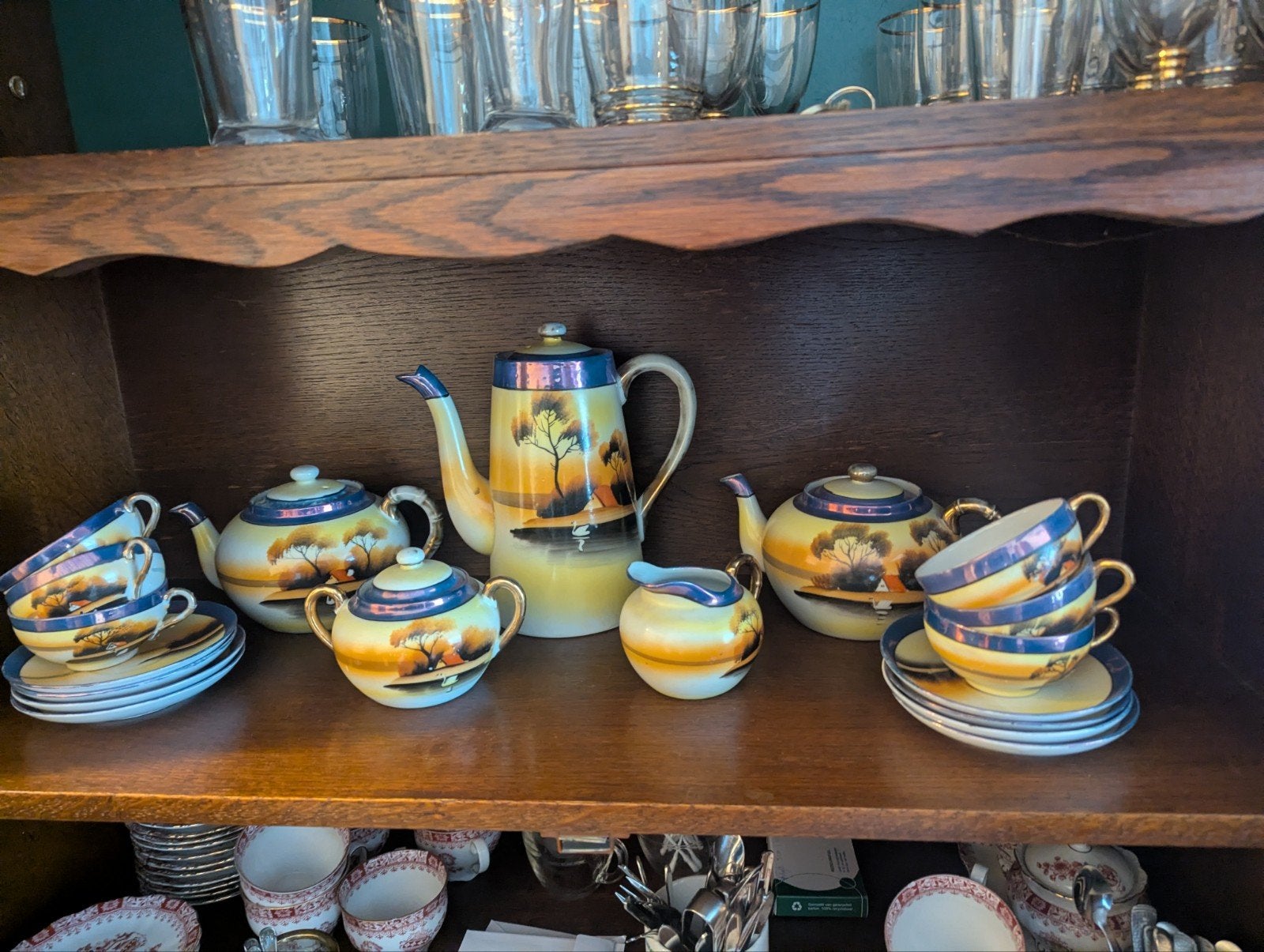 Vintage Japans theeservies met landschap decor, Antiek en Kunst, Ophalen