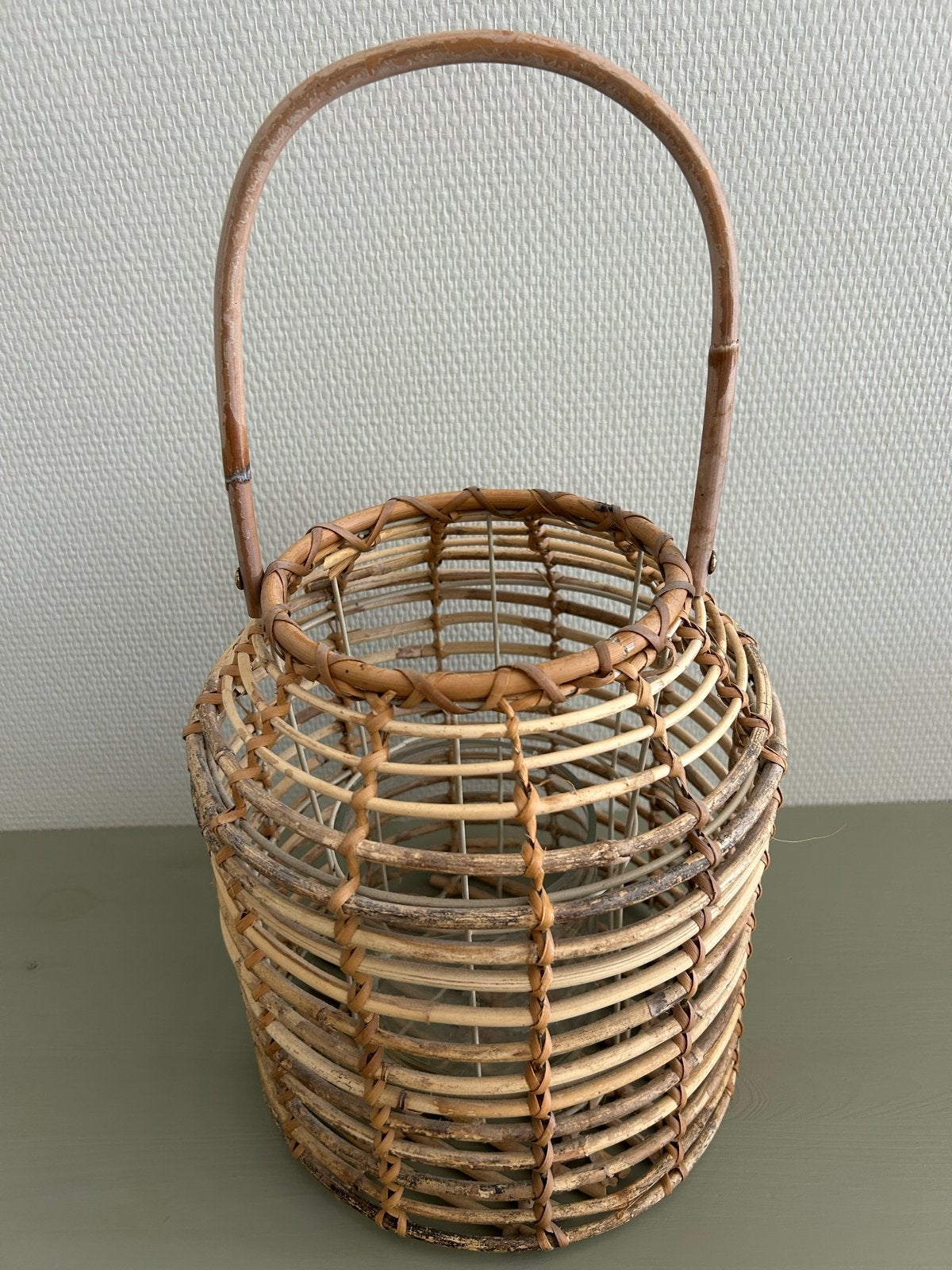 Rotan windlicht met handvat, Windlicht, Gebruikt, Bruin, Natuurlijk materiaal