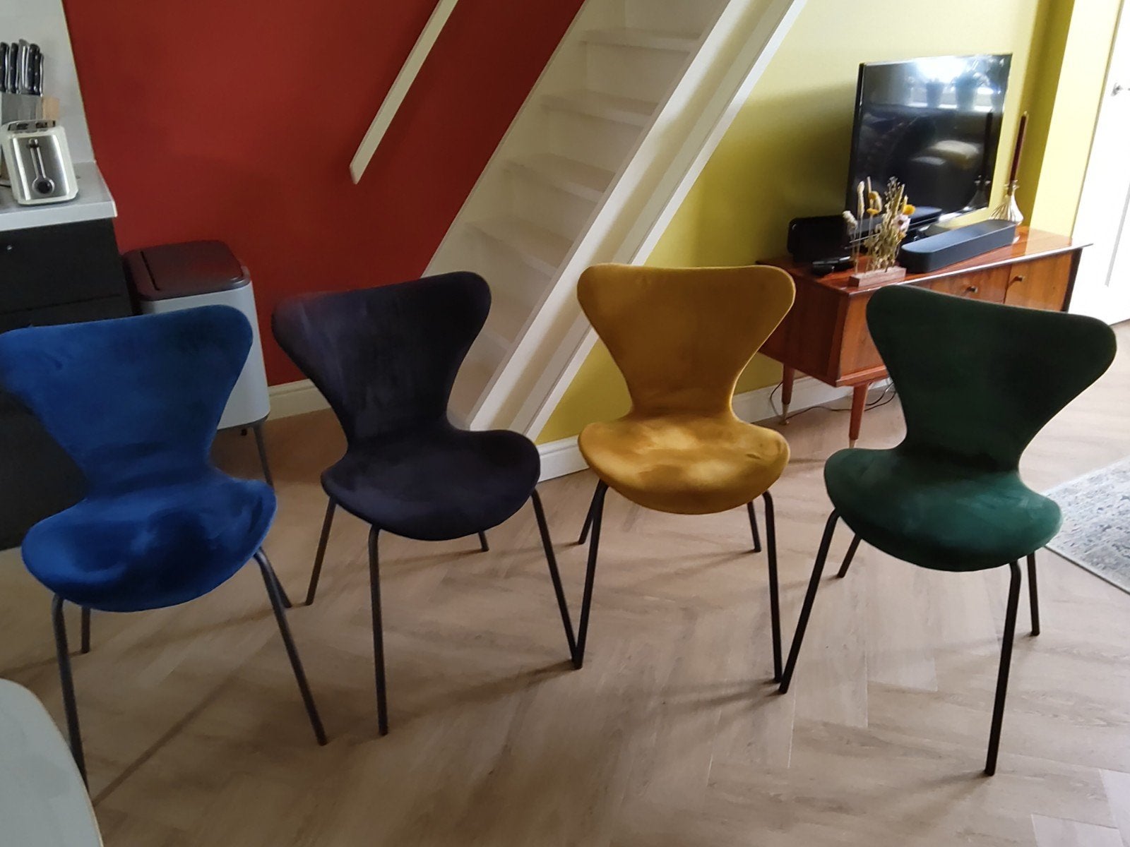 Set van 4 velvet stoelen - Blauw, Zwart, Geel, Groen, Ophalen, Gebruikt, Overige kleuren, Modern, Scandinavisch, Eclectisch