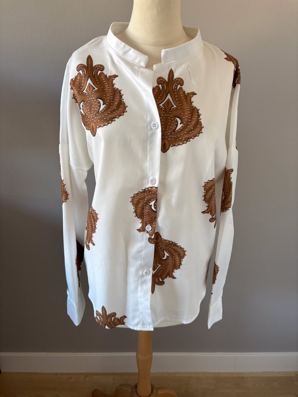 Leuke witte blouse met taupe kleurige paisley dessins, Ophalen of Verzenden, Nieuw, Maat 36 (S), Wit