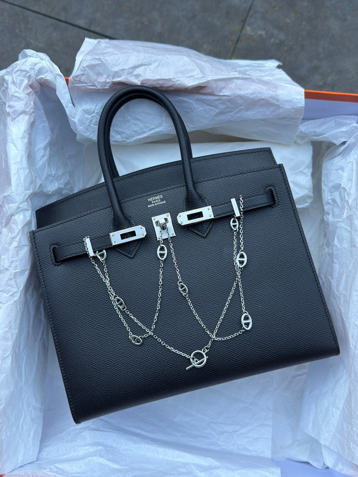 Hermes birkin sellier 25 Noir PHW, Ophalen of Verzenden, Zo goed als nieuw, Zwart, Handtas