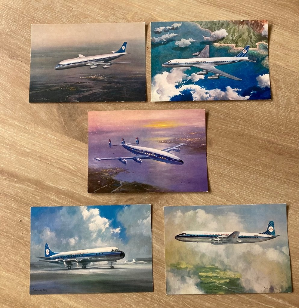 Vijf Ansichtkaarten passagiersvliegtuigen KLM, Verzamelen, Verzenden, 1960 tot 1980, Ongelopen, Voertuig