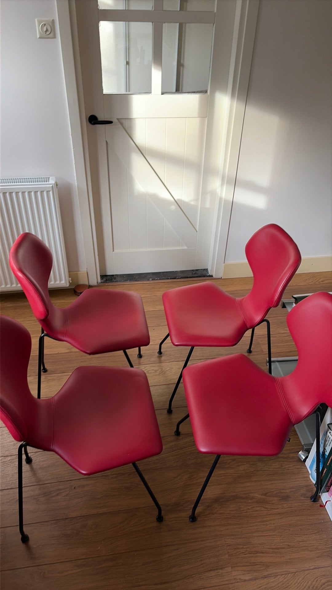 4 rood leren stoelen Cavalletta Design on Stock Roderick Vos, Ophalen of Verzenden, Zo goed als nieuw, Rood