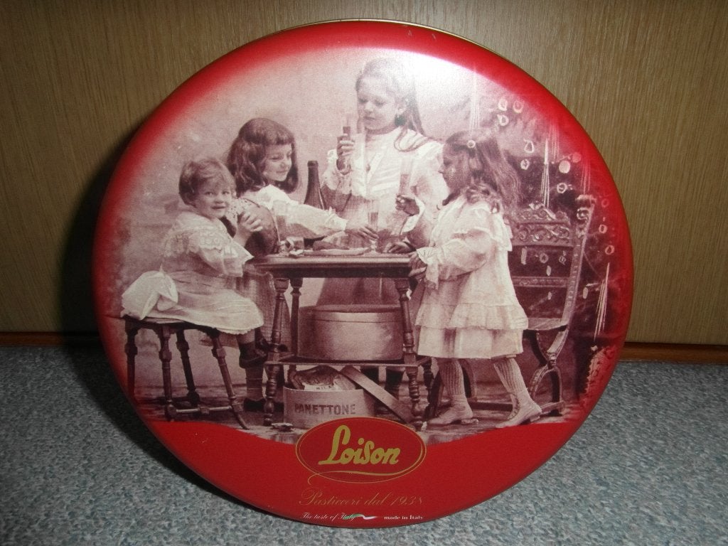 Groot rond blik met draagkoord, deksel nostalgische print en, Ophalen of Verzenden, Zo goed als nieuw, Koek(jes)
