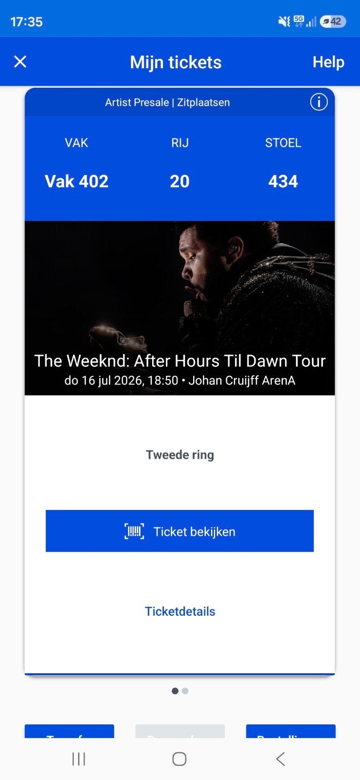 The Weeknd 16 juli – 1 ticket vak 402 – €50, Eén persoon, Juli