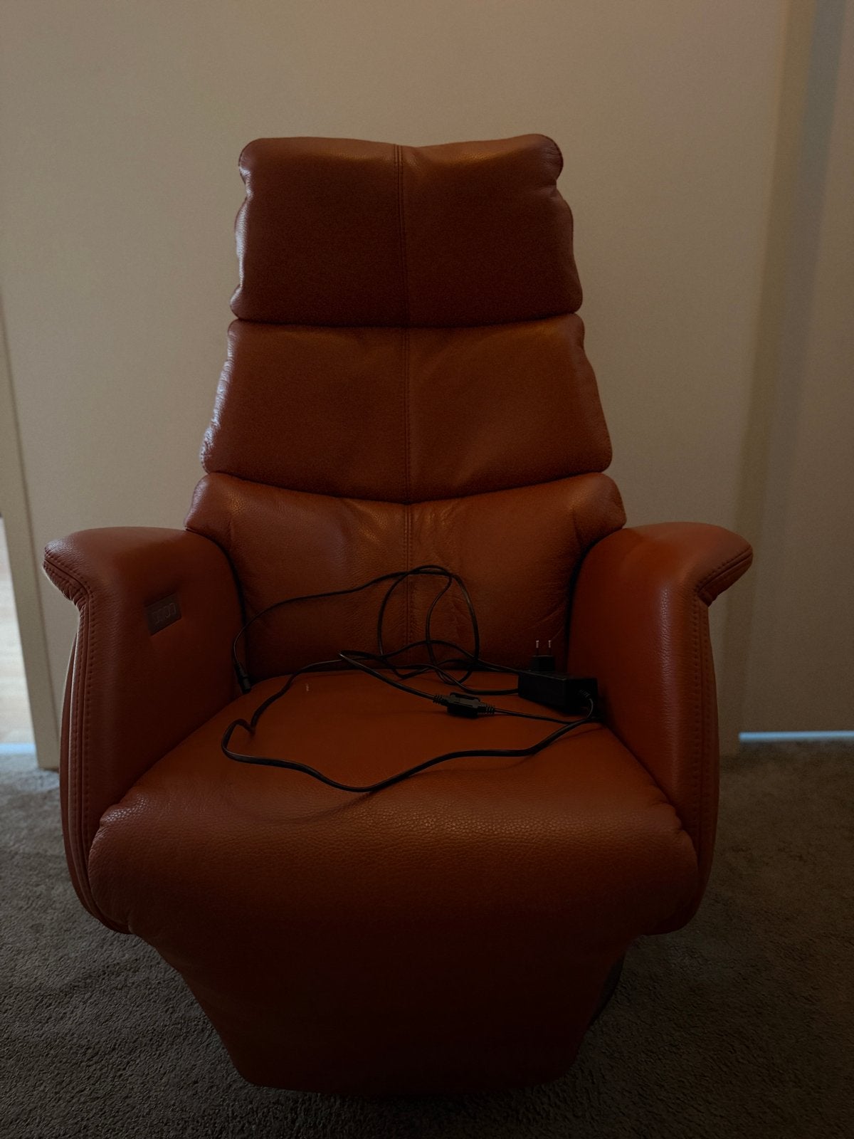 Leren relaxfauteuil - Oranje, Huis en Inrichting, Ophalen, Gebruikt, 100 tot 125 cm, Leer