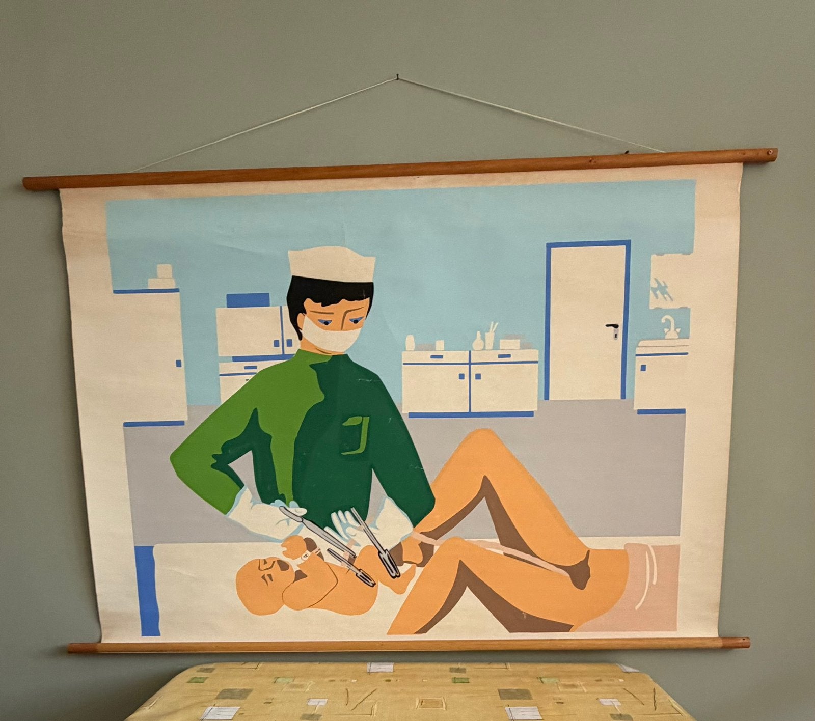 Medische linnen plaat, geboorte, seksuele voorlichting, Antiek en Kunst, Antiek | Schoolplaten, Ophalen of Verzenden, Natuur en Biologie