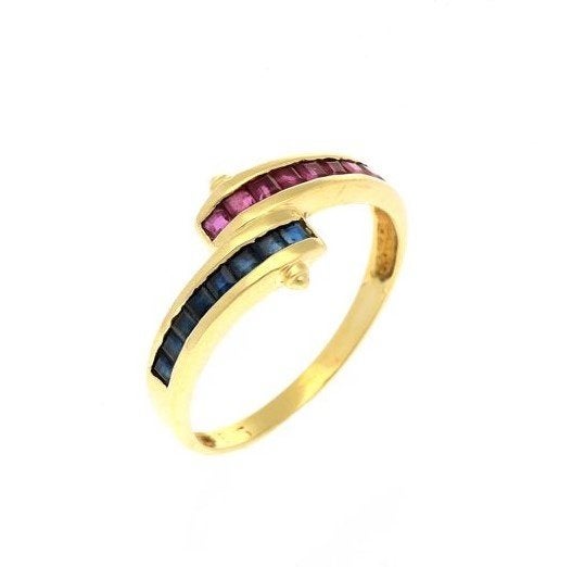 Prachtige 14k gouden slagring, baguette robijn en saffier 34, Ophalen, Zo goed als nieuw, 17 tot 18, Dame