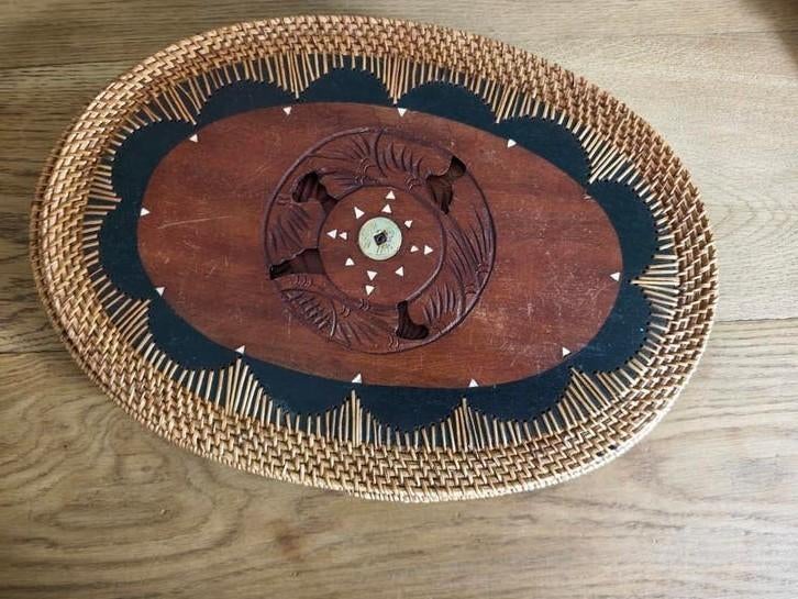 5x Boho Onderbord/Placemat Hout & Riet met Schelp & Munt, Gebruikt, Boho, Ophalen of Verzenden, Natuurlijk materiaal