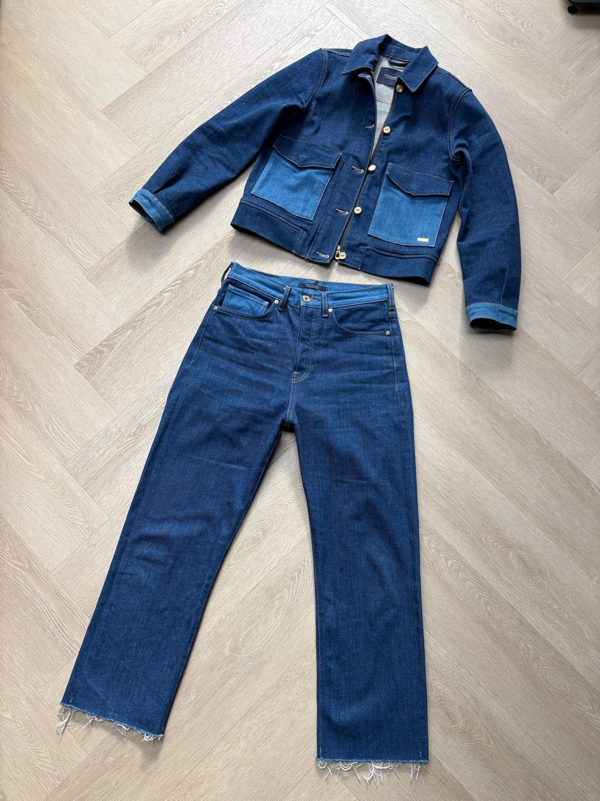 Scotch & Soda denim set: jasje en jeans S 36 27, Ophalen of Verzenden, Zo goed als nieuw, Blauw, W27 (confectie 34) of kleiner