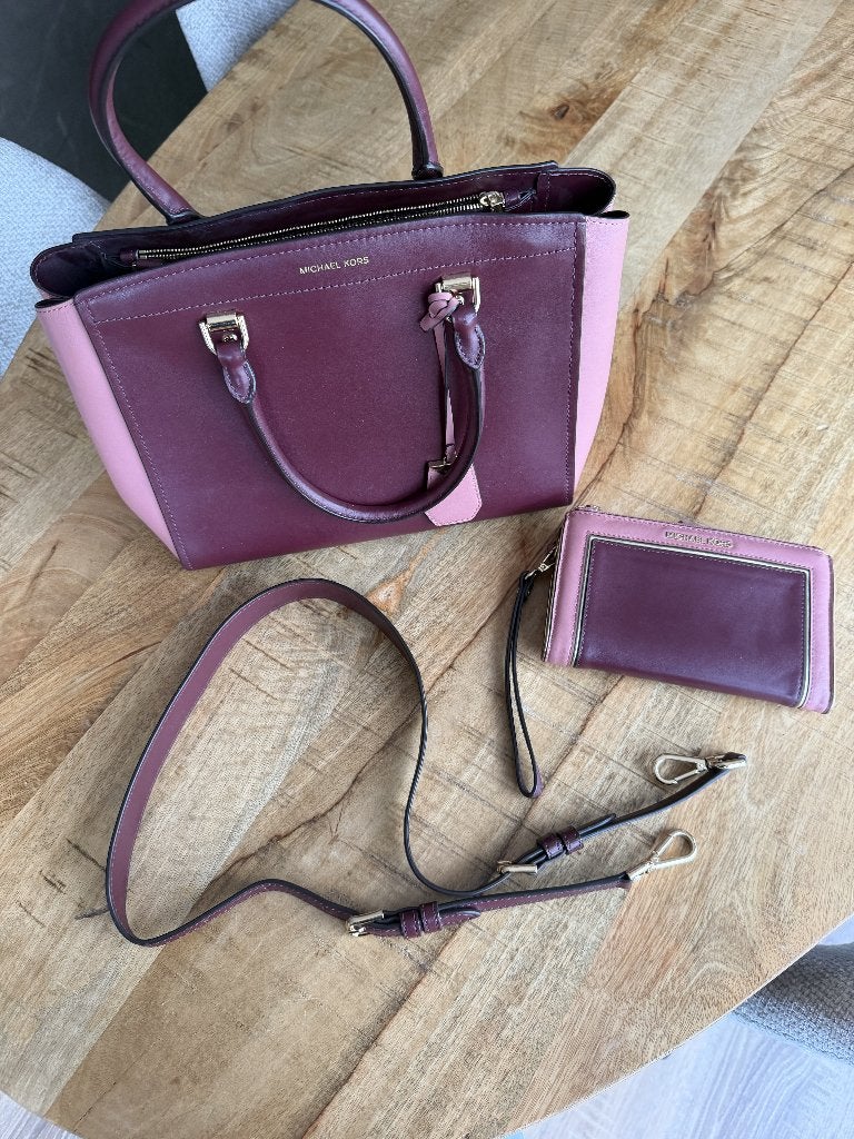 Michael Kors leren handtas + leren portemonnee, Ophalen of Verzenden, Zo goed als nieuw, Overige kleuren, Handtas